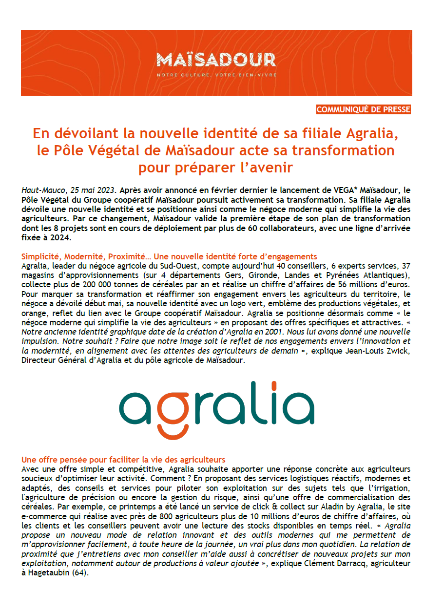 By revealing the new identity of its Agralia subsidiary, the Plant Business Line of Maïsadour testifies of its transformation to prepare for the future