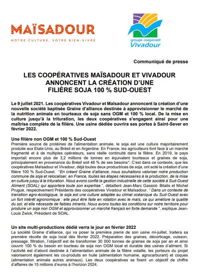 LES COOPÉRATIVES MAÏSADOUR ET VIVADOUR ANNONCENT LA CRÉATION D’UNE  FILIÈRE SOJA 100 % SUD-OUEST