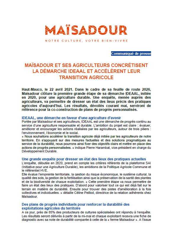 MAÏSADOUR ET SES AGRICULTEURS CONCRÉTISENT LA DÉMARCHE IDEAAL ET ACCÉLÈRENT LEUR TRANSITION AGRICOLE