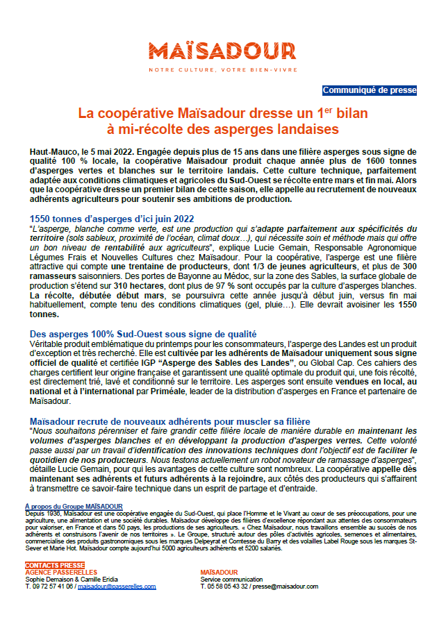 LA COOPÉRATIVE MAÏSADOUR DRESSE UN 1ER BILAN A MI-RECOLTE DES ASPERGES LANDAISES