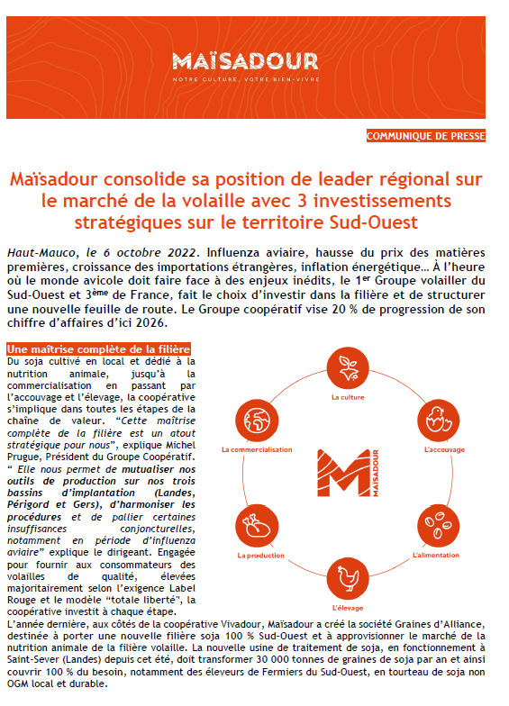 Maïsadour consolide sa position de leader régional sur le marché de la volaille avec 3 investissements stratégiques sur le territoire Sud-Ouest