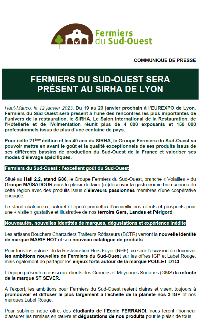 FERMIERS DU SUD-OUEST SERA PRÉSENT AU SIRHA DE LYON