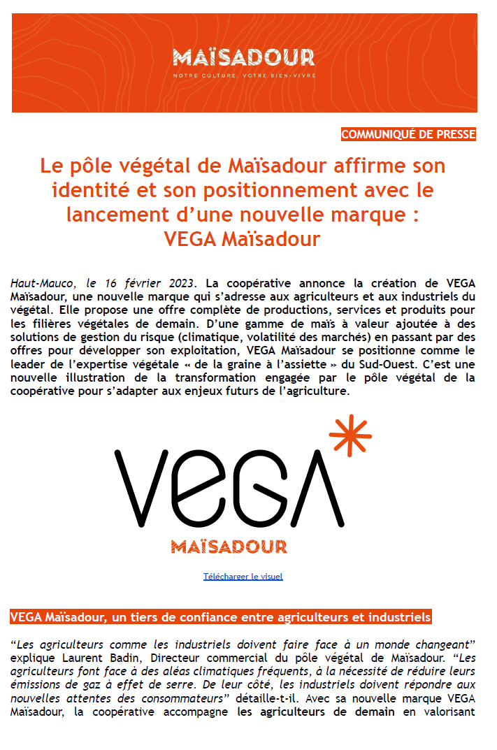 Le pôle végétal de Maïsadour affirme son identité et son positionnement avec le lancement d’une nouvelle marque : VEGA Maïsadour