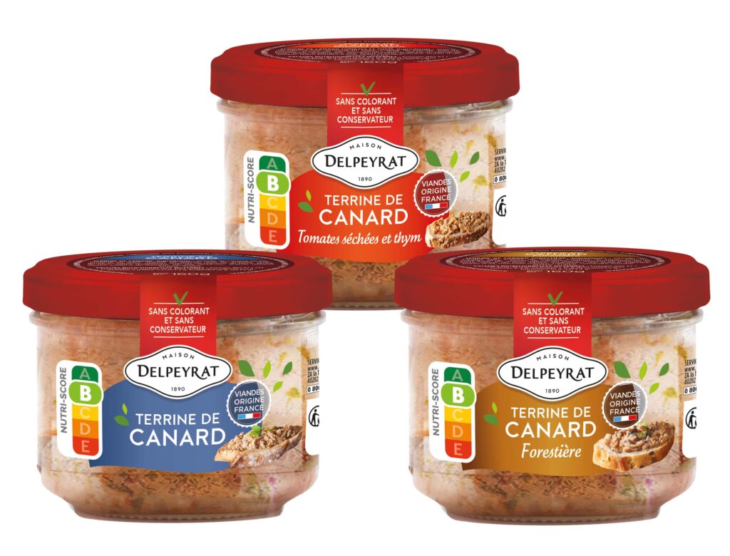 Packshot des terrines de canard Delpeyrat Nutriscore B