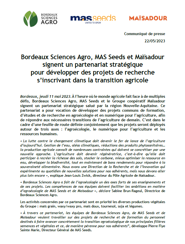 Bordeaux Sciences Agro, MAS Seeds et Maïsadour signent un partenariat stratégique pour développer des projets de recherche s’inscrivant dans la transition agricole