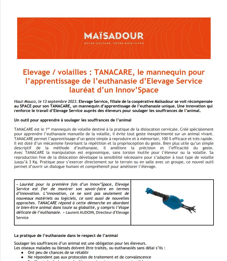 Elevage / volailles : TANACARE, le mannequin pour  l’apprentissage de l’euthanasie d’Elevage Service  lauréat d’un Innov’Space