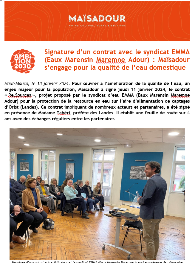 Signature d’un contrat avec le syndicat EMMA (Eaux Marensin Maremne Adour) : Maïsadour s’engage pour la qualité de l’eau domestique