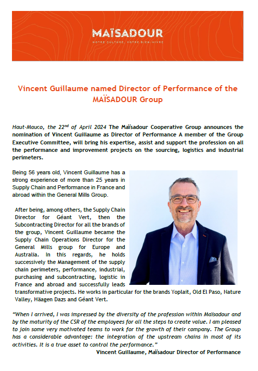 Vincent Guillaume nommé Directeur de la performance du Groupe MAÏSADOUR