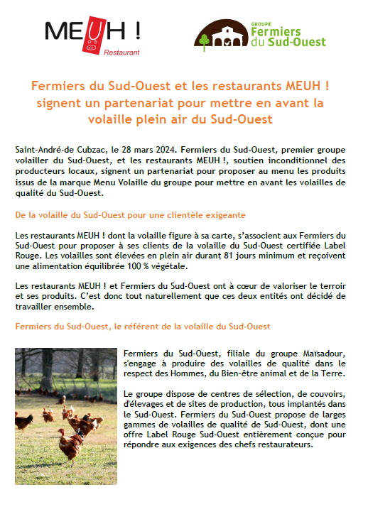 Fermiers du Sud-Ouest et les restaurants MEUH ! signent un partenariat pour mettre en avant la volaille plein air du Sud-Ouest