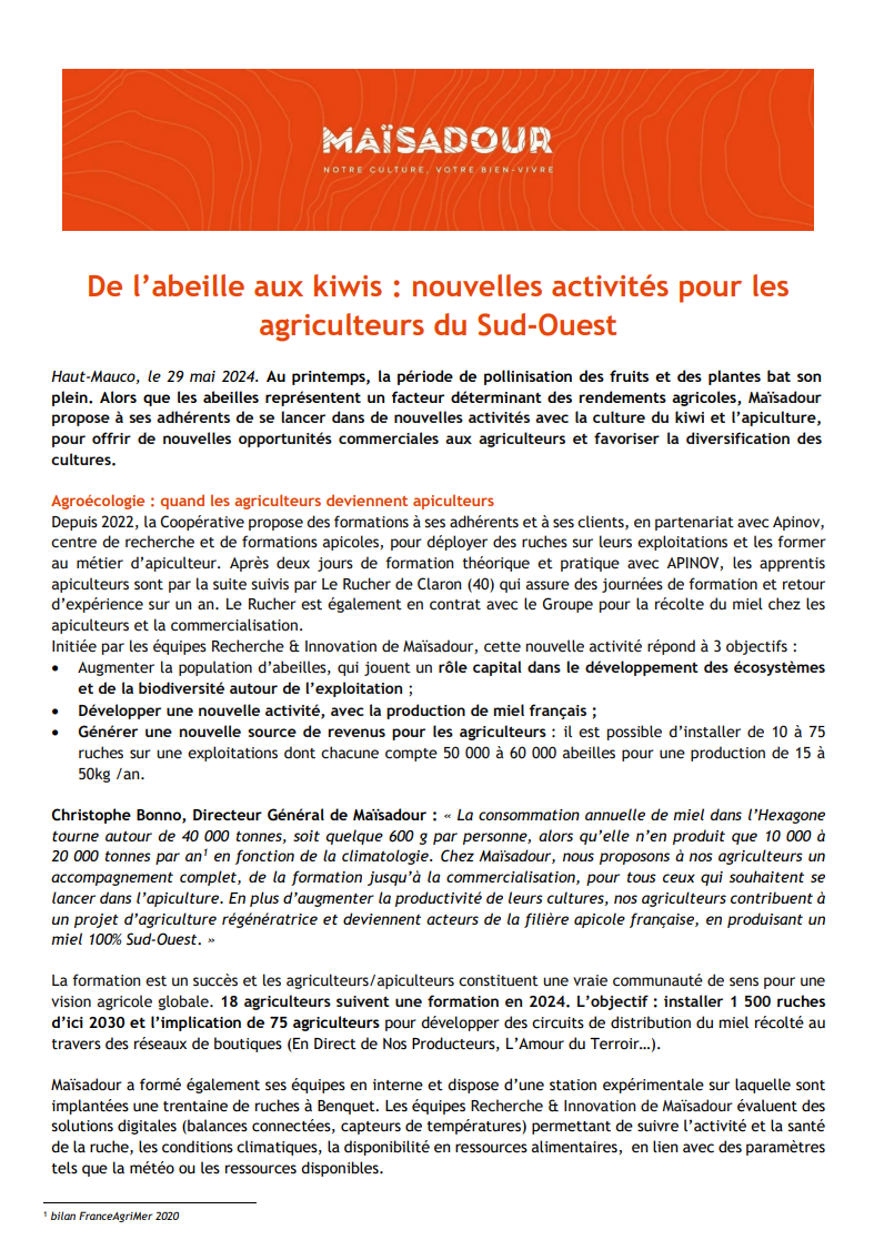 De l’abeille aux kiwis : nouvelles activités pour les agriculteurs du Sud-Ouest