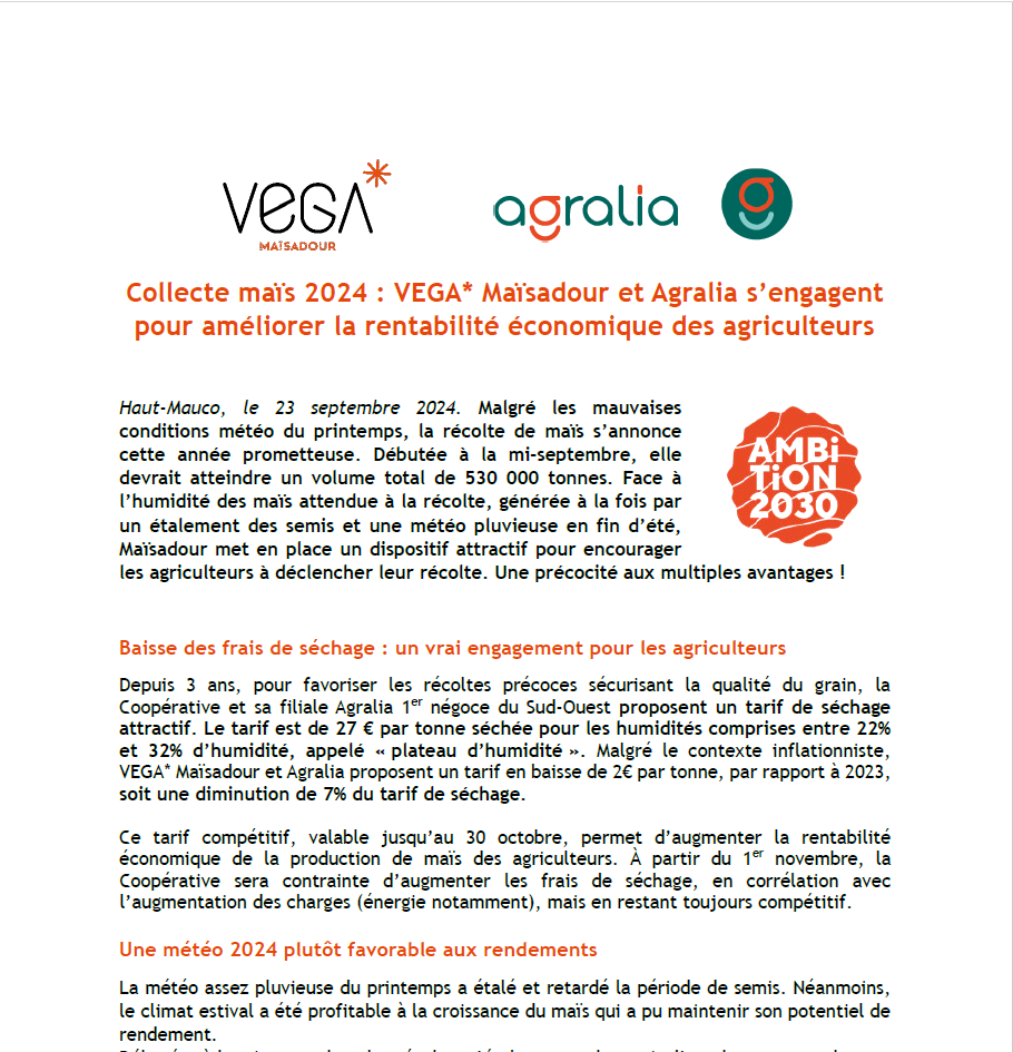 Collecte maïs 2024 : VEGA* Maïsadour et Agralia s’engagent pour améliorer la rentabilité économique des agriculteurs