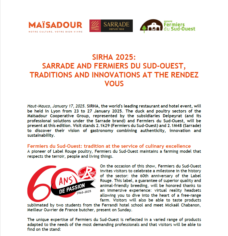 SIRHA 2025 : SARRADE ET FERMIERS DU SUD-OUEST, TRADITIONS ET INNOVATIONS AU RENDEZ-VOUS